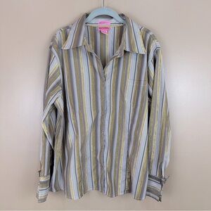 She’s Cool Gray & Gold Metallic Striped Stretch Button Front Shirt 3X